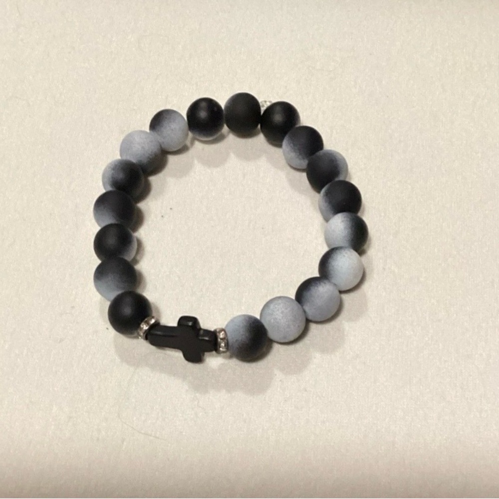 Men's Matte Black & Gray Beaded Bracelet with Cross Accent